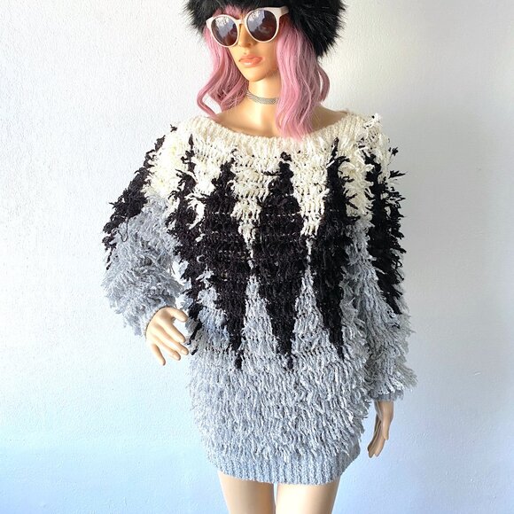 Vintage Fuzzy Sweater Loop Knit Sweater Fluffy Sweater Shaggy Sweater 80s Retro - Picture 2 of 11